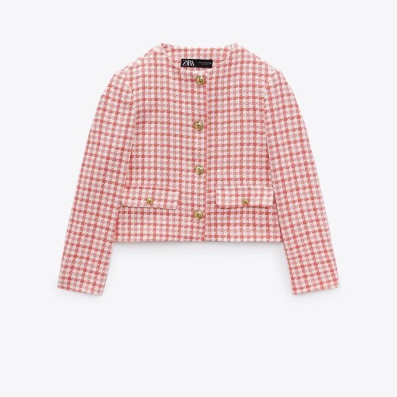 ZARA TEXTURED HOUNDSTOOTH BLAZER RED SIZE XL 1165/037/046